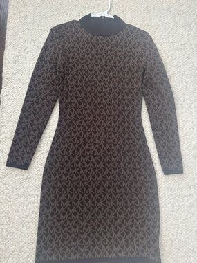 Michael Kors Black and Brown Logo-Print Long Sleeve Knit Dress